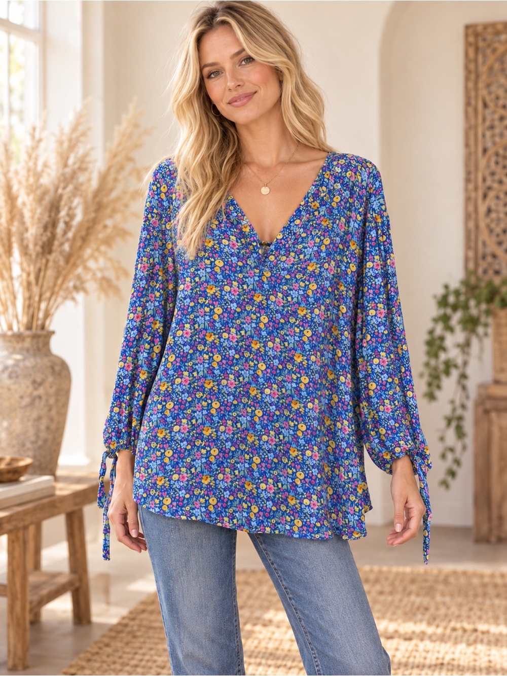 Adrienne Vittadini Boho Blue Floral V-Neck Tie-Sleeve Tunic
